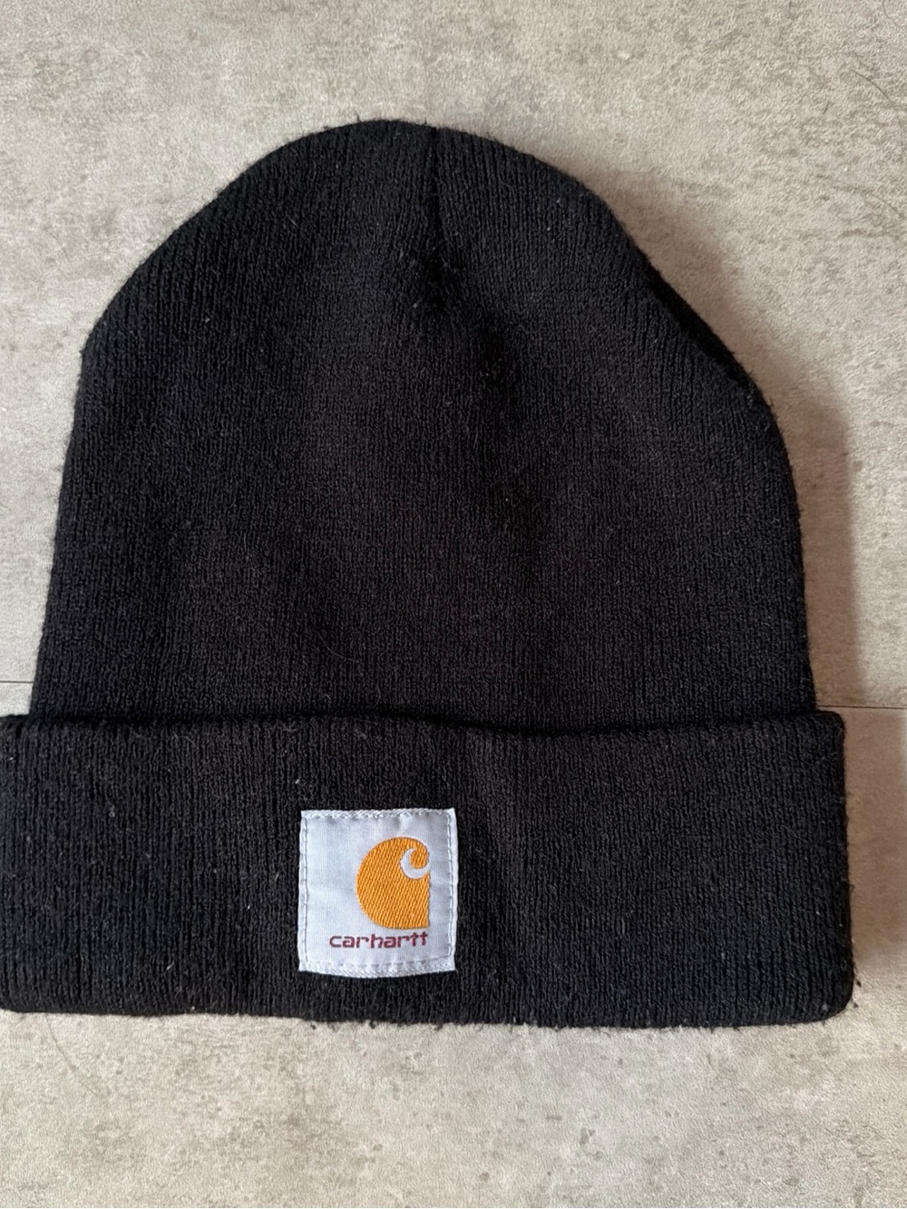 Carhartt Black Knit Cuffed Beanie with Orange Logo Patch